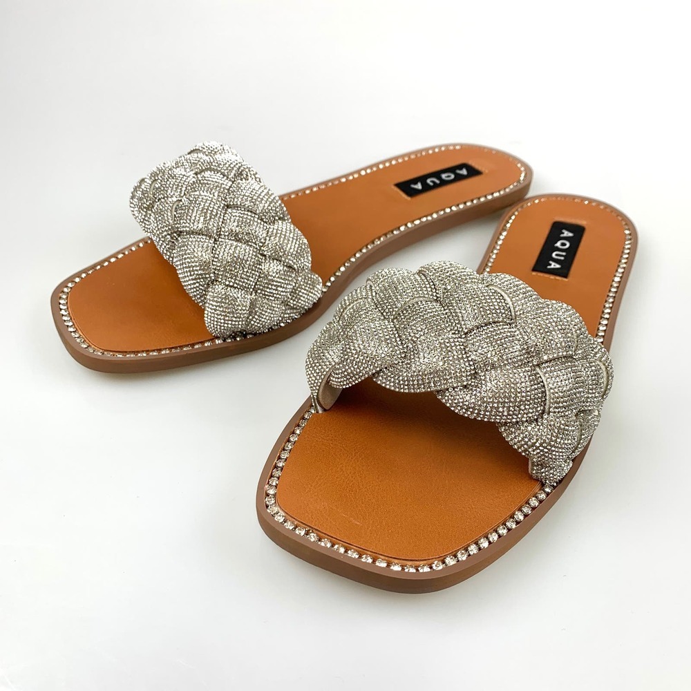 NIB Aqua Women Ivy Studded Dressy Warm Slide Sandals Size 9.5 Silver Bling Bling - Picture 2 of 12